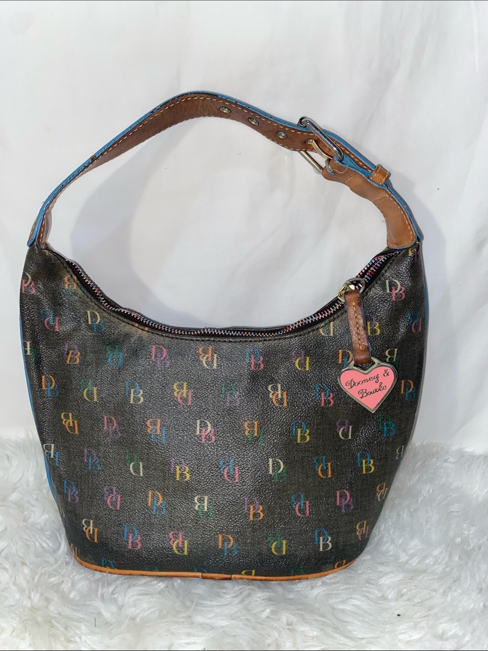 Vintage Dooney & Bourke Black Rainbow Logo Hobo Shoulder Bag with Brown Trim